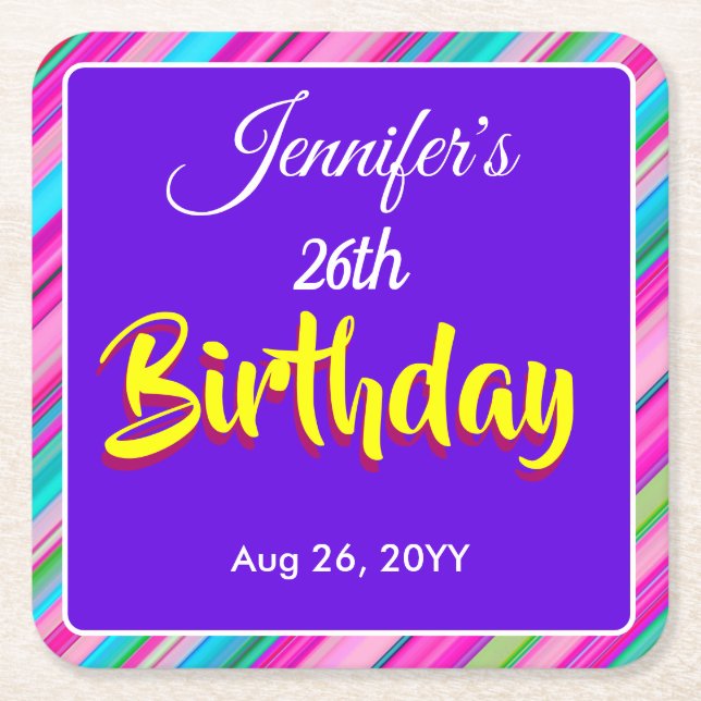 Rainbow Stripe Pattern Birthday Custom Text Square Paper Coaster (Front)