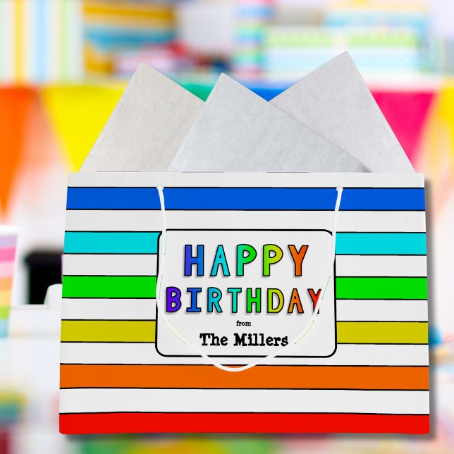 Rainbow Stripe Personalized Happy Birthday Large Gift Bag (Creator Uploaded)