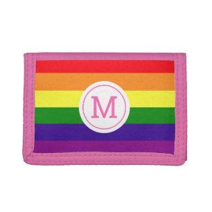 Rainbow Stripe Pink Circle Monogram Trifold Wallet