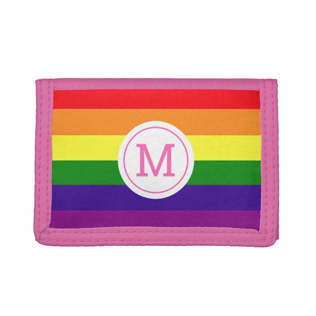 Rainbow Stripe Pink Circle Monogram Trifold Wallet (Front)