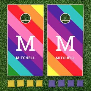 Rainbow Stripe Pride Monogram Family Name Cornhole Set