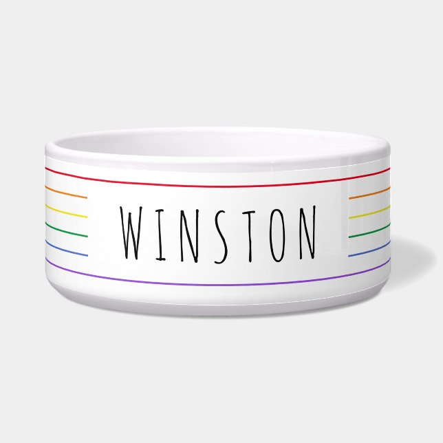 Rainbow Stripe Pride Subtle Simple Minimal Cat Dog Bowl (Front)