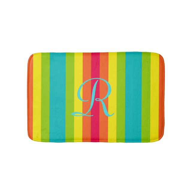 Rainbow Striped Aqua Yellow Green Monogram Plush Bathroom Mat (Front)
