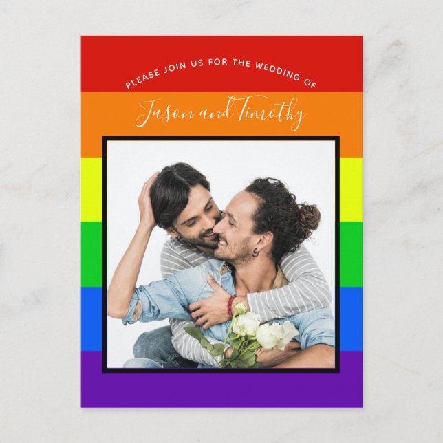 Rainbow Striped Couple Photo Wedding Invitation Postcard (Front)