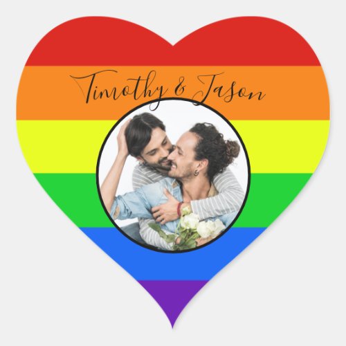 Rainbow Striped Custom Heart Photo LGBTQ Wedding Heart Sticker