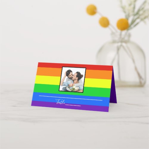 Rainbow Striped Gay Pride Couple Wedding Photo Place Card