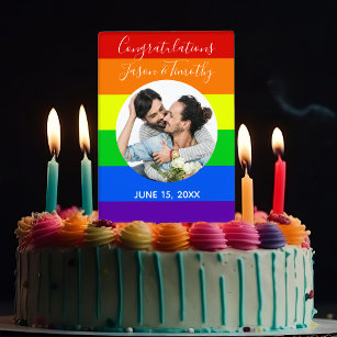 Rainbow Striped LGBTQ Couple Photo Custom Wedding Cake Topper