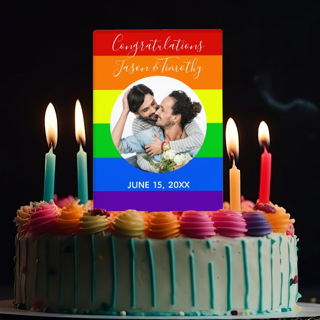 Rainbow Striped LGBTQ Couple Photo Custom Wedding Cake Topper (Creator Uploaded)