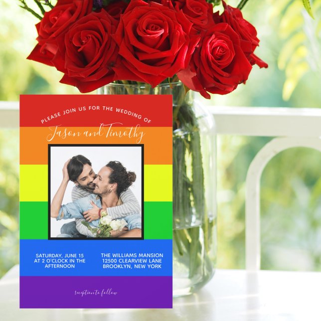 Rainbow Striped LGBTQ Couple Photo Gay Wedding Invitation
