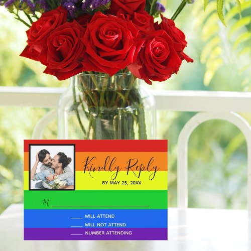Rainbow Striped LGBTQ Couple Photo Gay Wedding RSVP Card