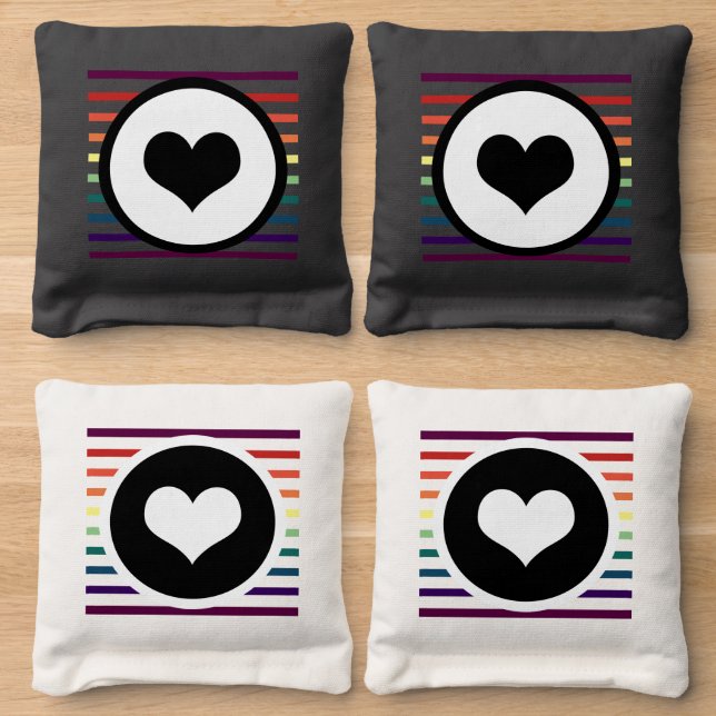 Rainbow Striped Love Hearts cornhole bags (Wood)