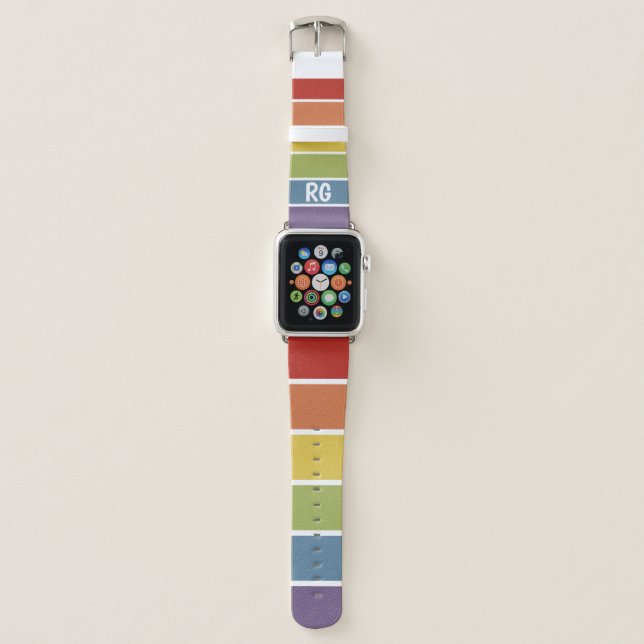Rainbow Striped Pattern LGBT Retro Monogrammed Apple Watch Band (Front)
