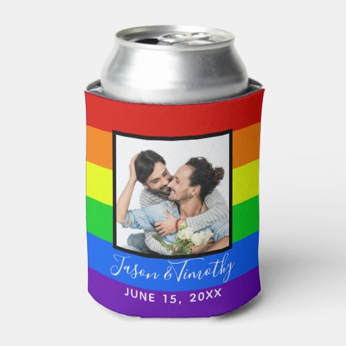 Rainbow Striped Photo Gay Pride LGBTQ Wedding Can Cooler