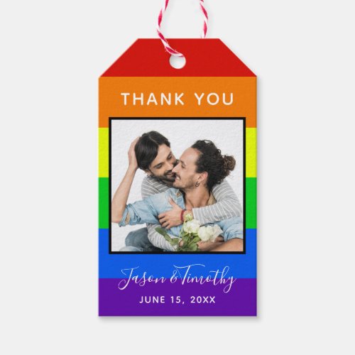 Rainbow Striped Photo LGBTQ Couple Wedding Gift Tags