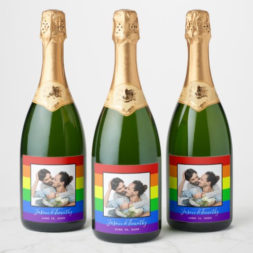 Rainbow Striped Photo LGBTQ Couple Wedding Sparkling Wine Label
