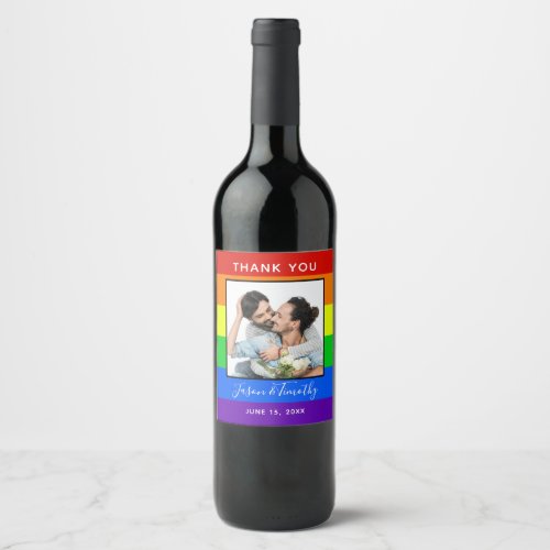 Rainbow Striped Photo LGBTQ Couple Wedding Wine Label