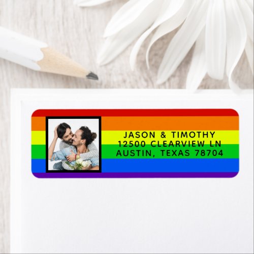 Rainbow Striped Photo LGBTQ Gay Pride Wedding Label