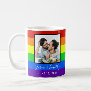 Rainbow Striped Photo LGBTQ Wedding Anniversary Coffee Mug