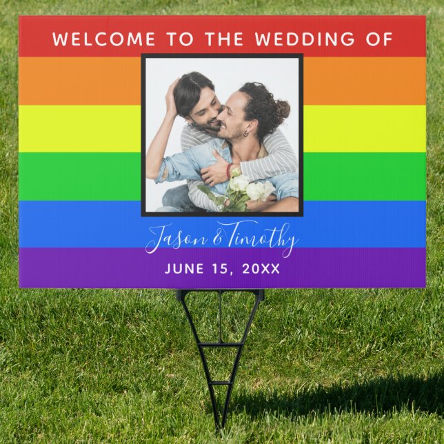 Rainbow Striped Photo LGBTQ Wedding Large Yard Sign (Insitu)