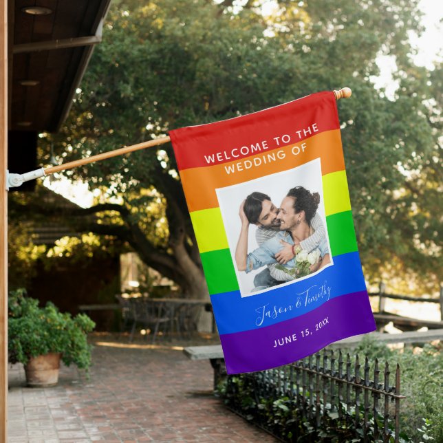 Rainbow Striped Photo LGBTQ Wedding Welcome House Flag (In SItu)