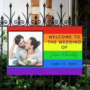 Rainbow Striped Photo LGBTQ Welcome to Our Wedding Banner