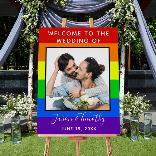 Rainbow Striped Photo LGBTQ Welcome to Our Wedding Foam Board
