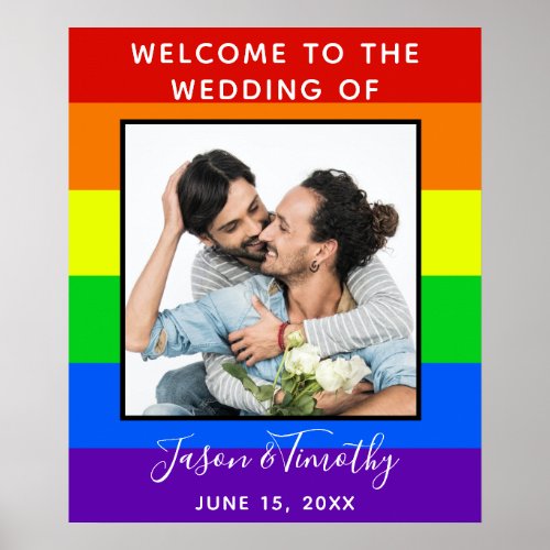 Rainbow Striped Photo LGBTQ Welcome to Our Wedding Poster
