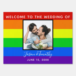 Rainbow Striped Photo Welcome to Our Wedding Yard Sign