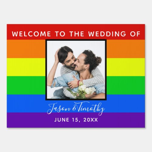 Rainbow Striped Photo Welcome to Our Wedding Yard Sign
