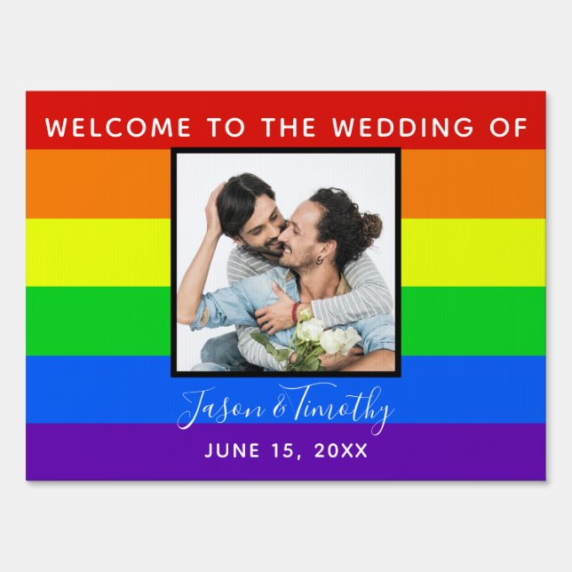Rainbow Striped Photo Welcome to Our Wedding Yard Sign (Front)