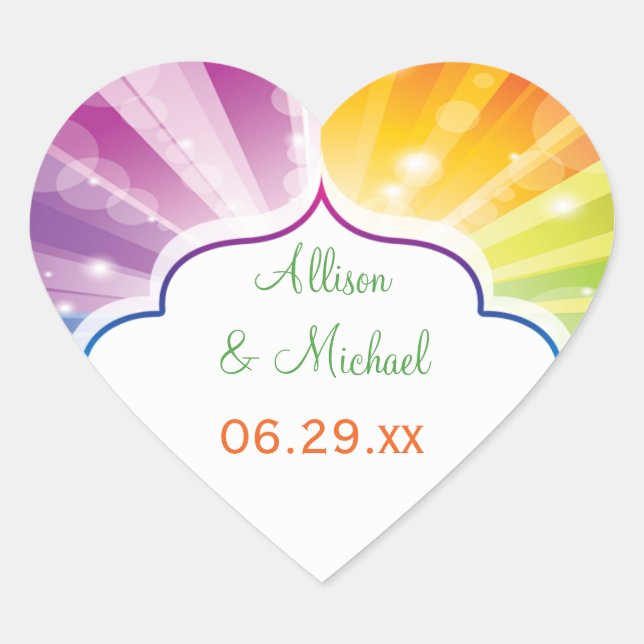 Rainbow Striped Sunburst Wedding Favor Sticker (Front)