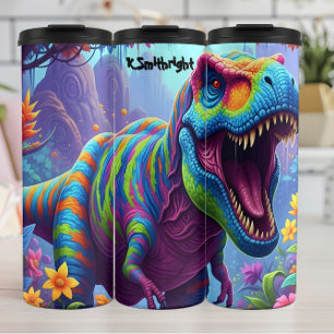 Rainbow Striped T-Rex Roaring Jungle Thermal Tumbler