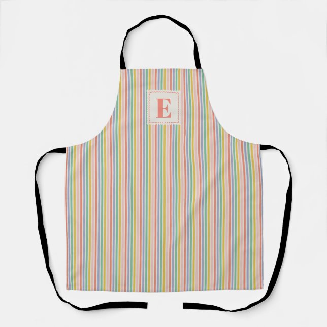 Rainbow Stripes All-Over Print Apron with Initial (Front)