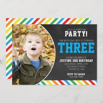 Rainbow Stripes And Chalkboard Birthday Invite by fireflidesigns at Zazzle