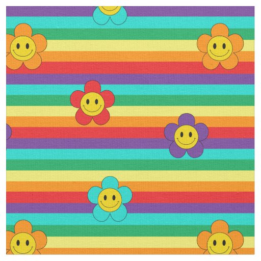 Rainbow Stripes and Hippie Flowers Pattern Fabric
