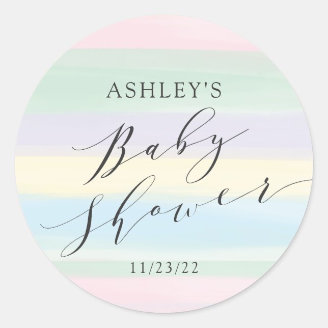 Rainbow Stripes Baby Shower Classic Round Sticker (Front)