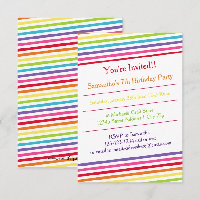 Rainbow Stripes Birthday Party - 3x5 Invitation (Front/Back)