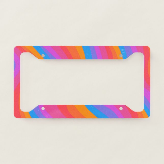 Rainbow Stripes Colorful Swirls Handmade Boho License Plate Frame (Front)