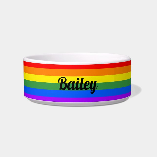 Rainbow Stripes Custom Name Dog Bowl (Front)