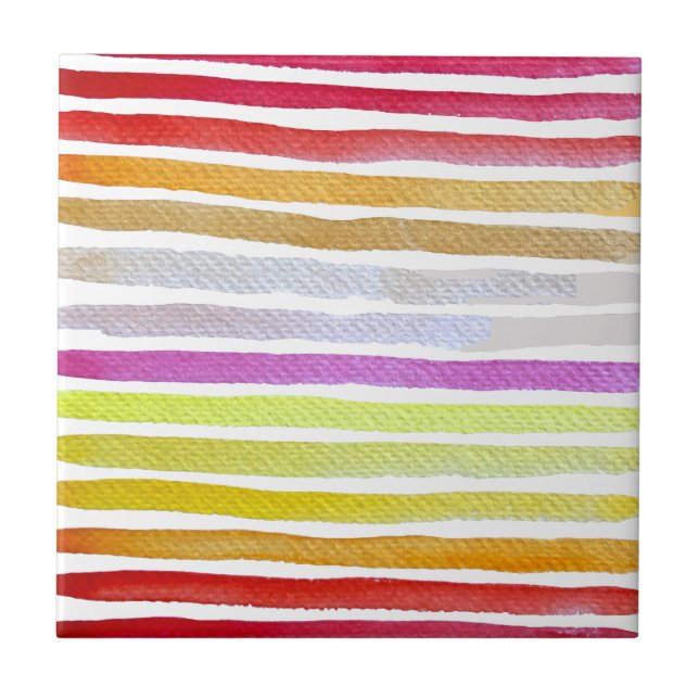 Rainbow stripes cute watercolor ceramic tile (Front)