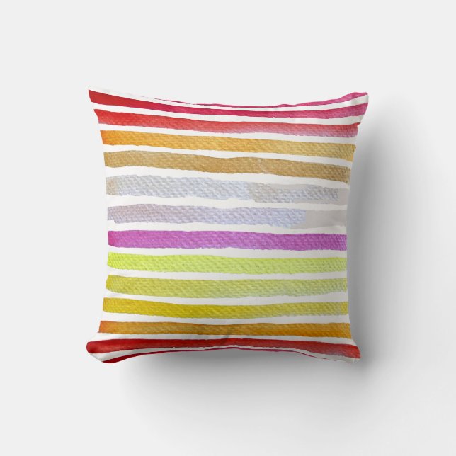 Rainbow stripes cute watercolor throw pillow (Front)