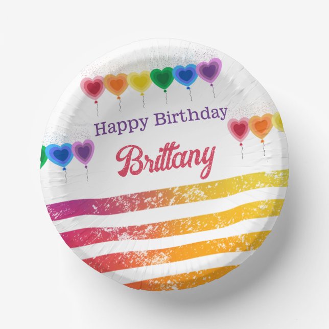 Rainbow Stripes Heart Balloons Name Year Birthday Paper Bowls (Front)