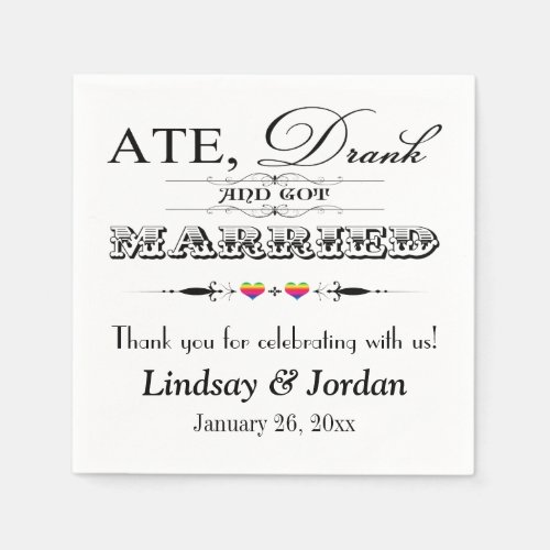 Rainbow Stripes Hearts and Scrolls Wedding Napkins