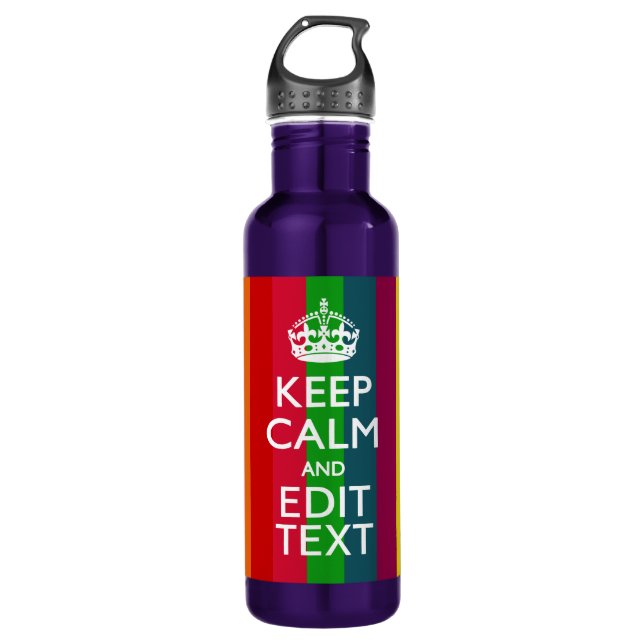 Rainbow Stripes Keep Calm And Your Text Customize Water Bottle (Front)