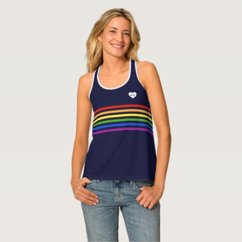 Rainbow Stripes Monogrammed White Heart Navy Blue Tank Top
