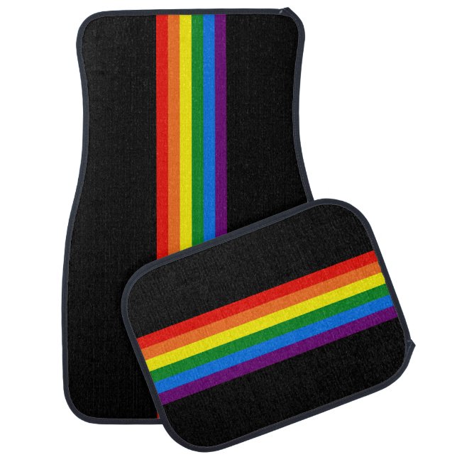 Rainbow Stripes on Black Gay Pride LGBT Support Car Floor Mat (Set)