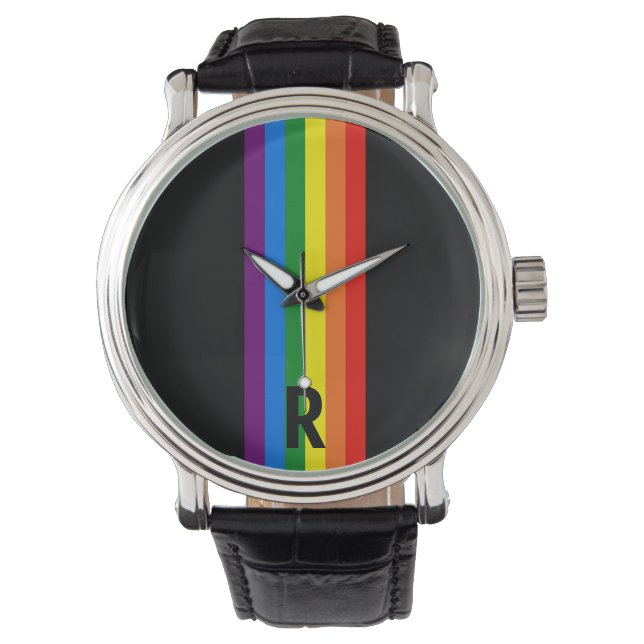 Rainbow Stripes on Black Gay Pride Personalized Watch (Front)