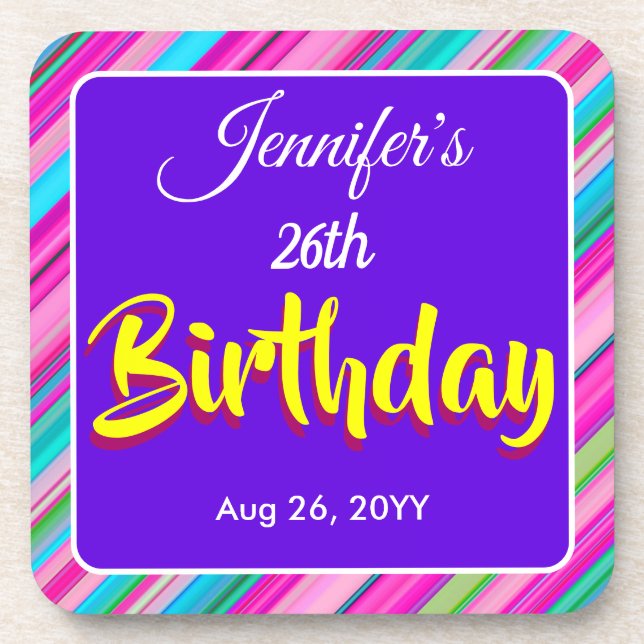 Rainbow Stripes Pattern Birthday Custom Template Beverage Coaster (Front)