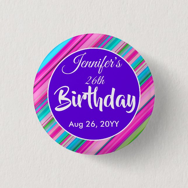 Rainbow Stripes Pattern Birthday Custom Template Button (Front)