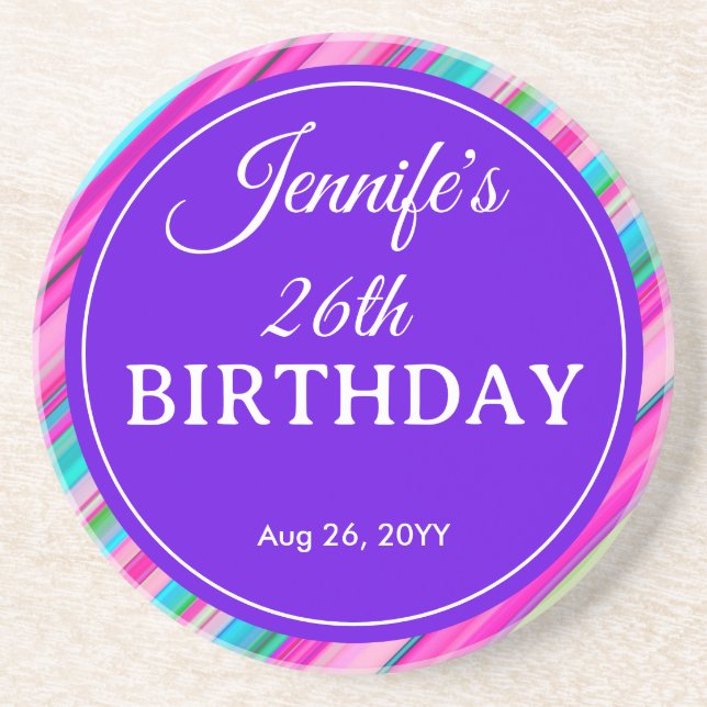 Rainbow Stripes Pattern Birthday Custom Template Coaster (Front)